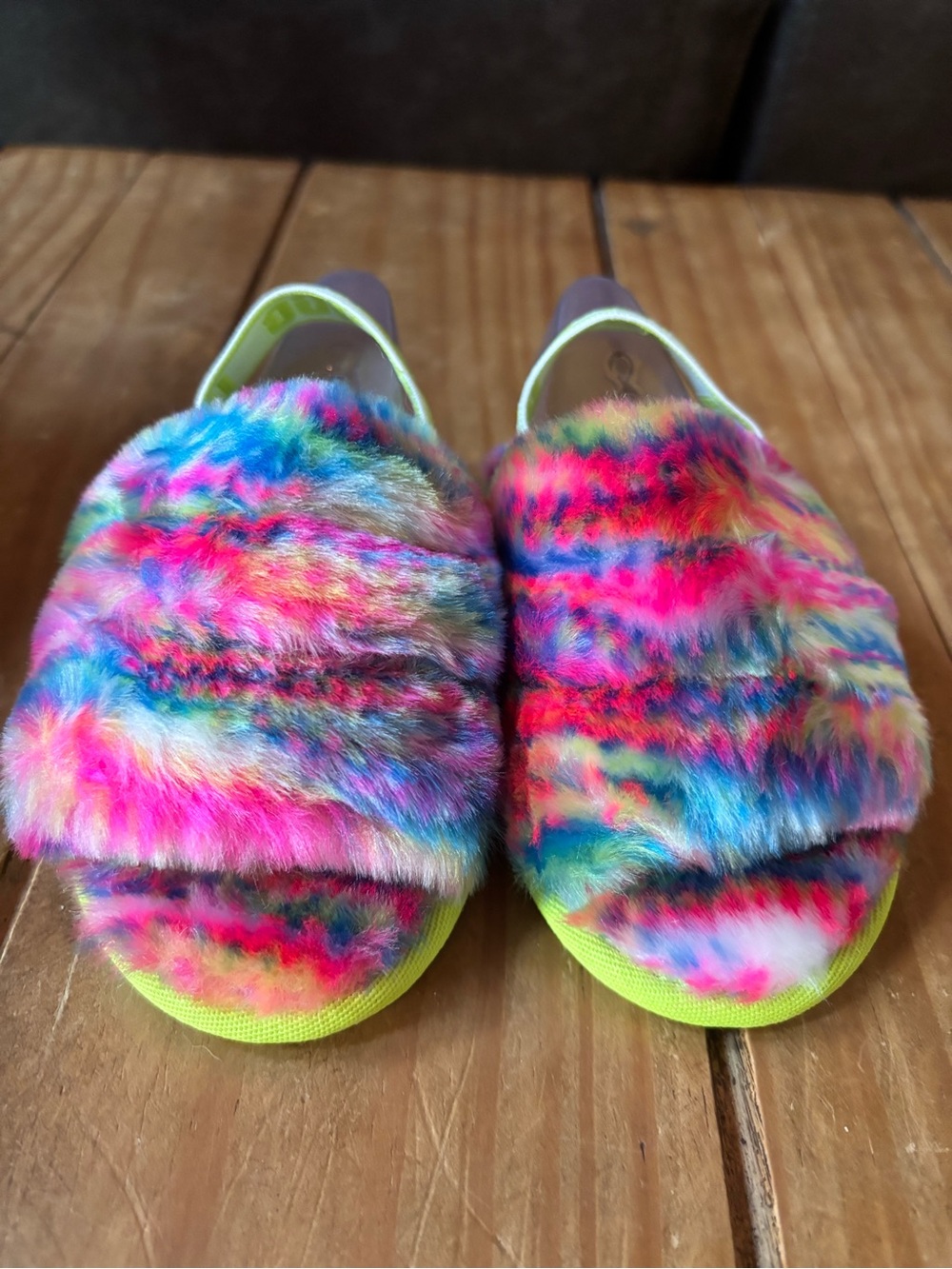 UGG Toddler 8 Fluff Yeah Pixelate Slide - Green Sole with Multicolor Fur